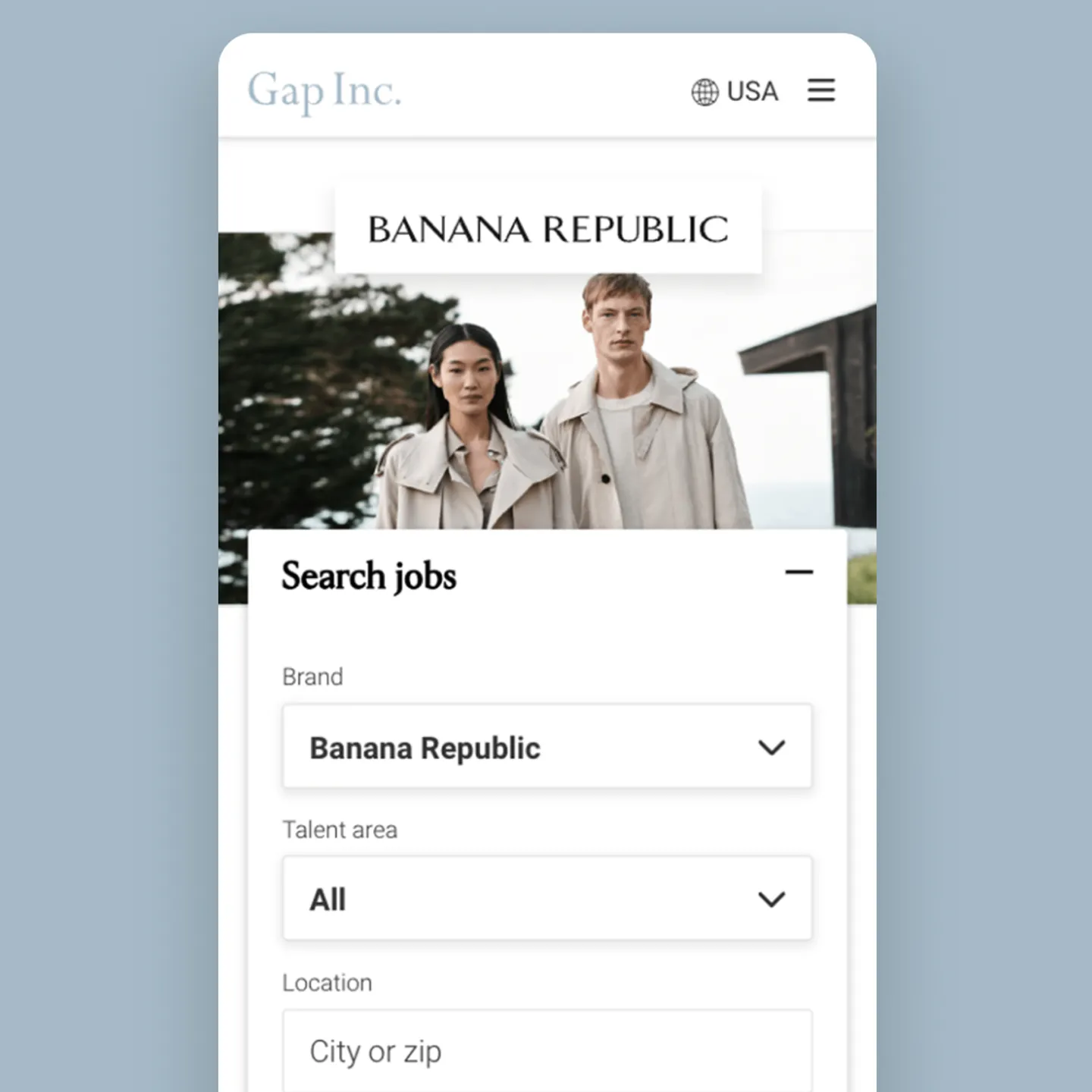 Image of a mobile page design showing a job search tool for Banana Republic