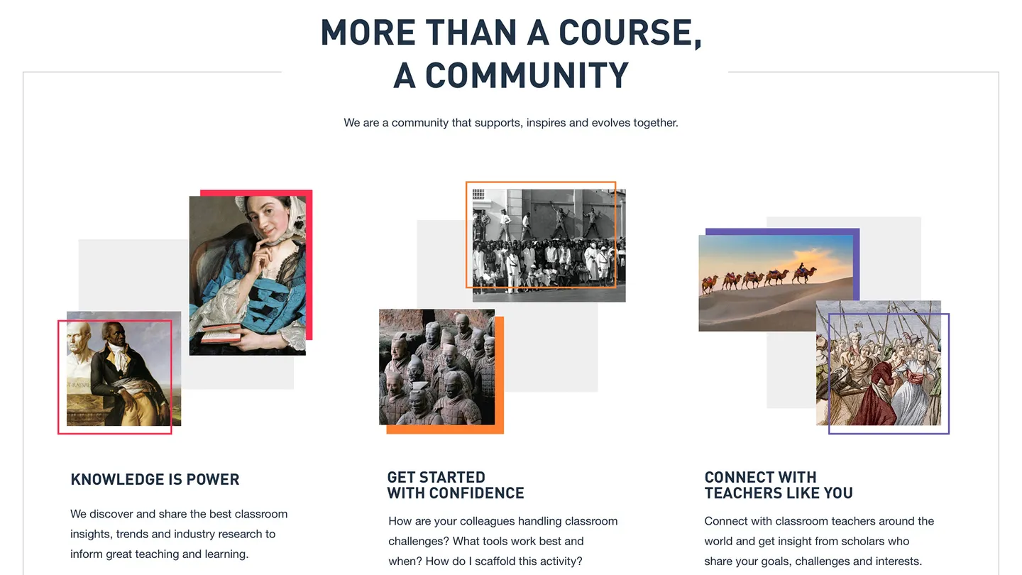 Portion of a website design highlighting the community of learners and teachers