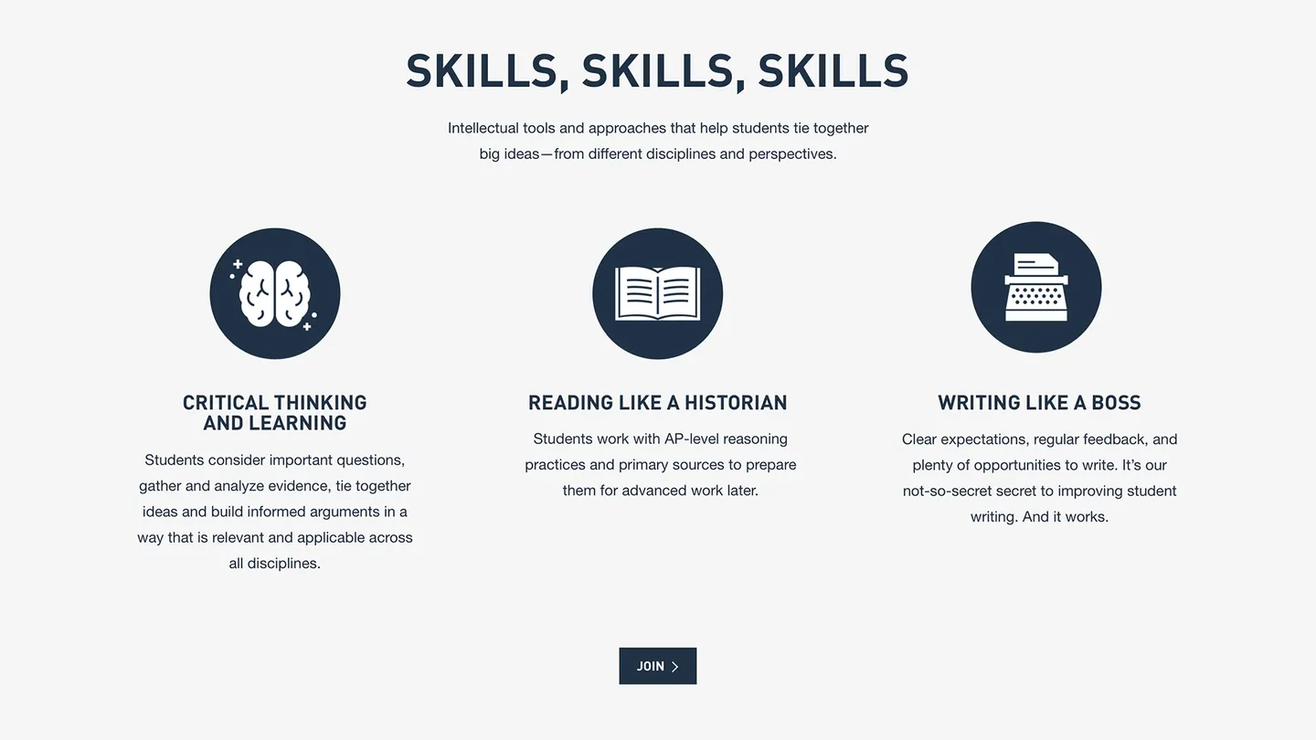 Portion of a website design showing icons and text for skills that will be taught in the course