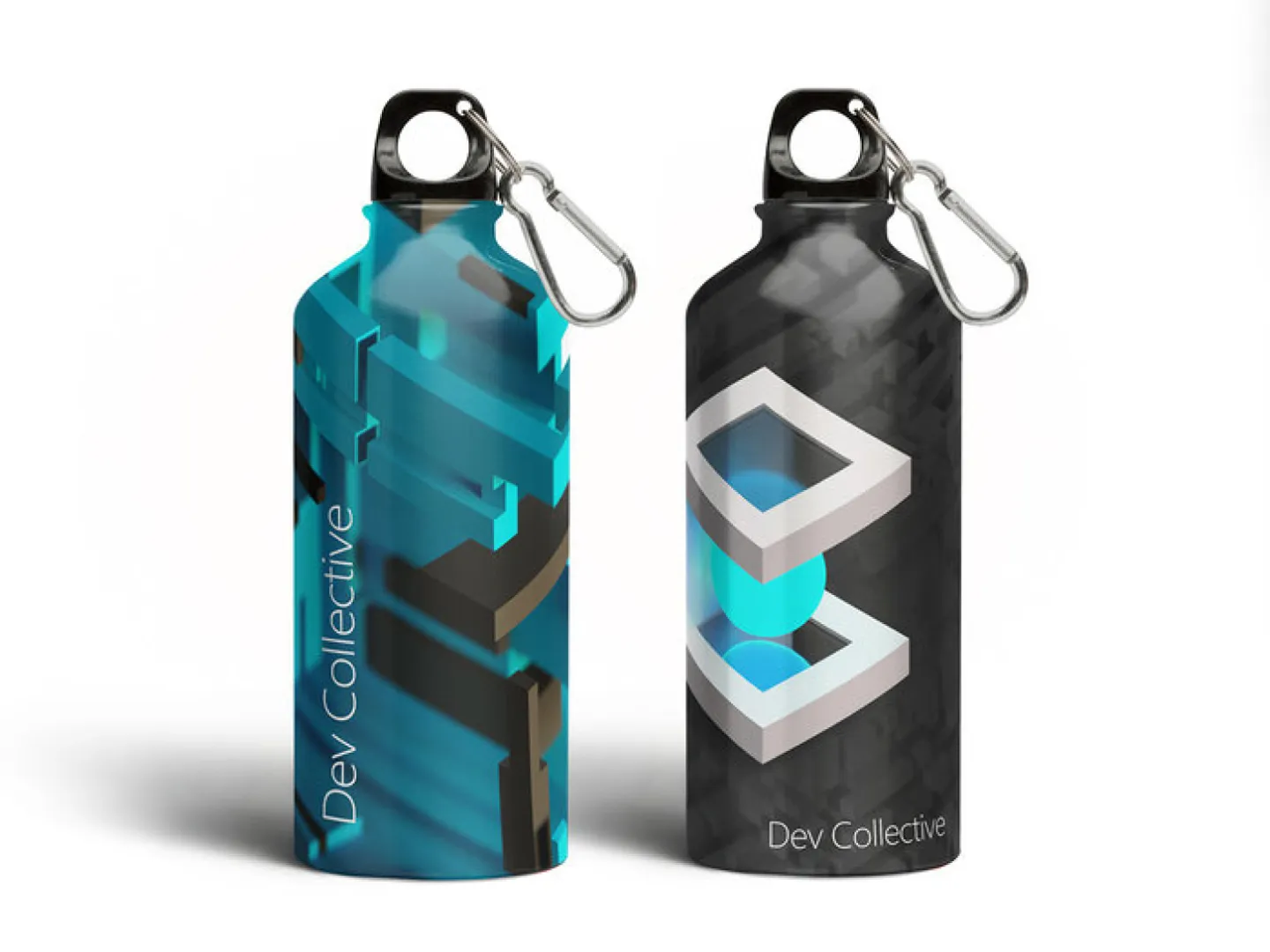 Two water bottles designed with Dev Collective branding