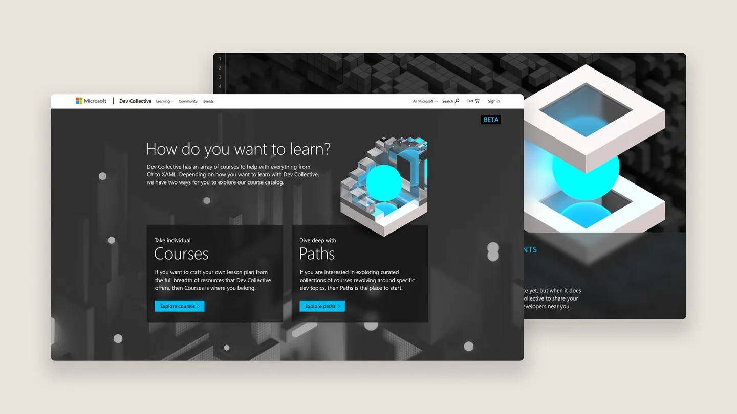 Web page designs showing the Dev Collective website experience