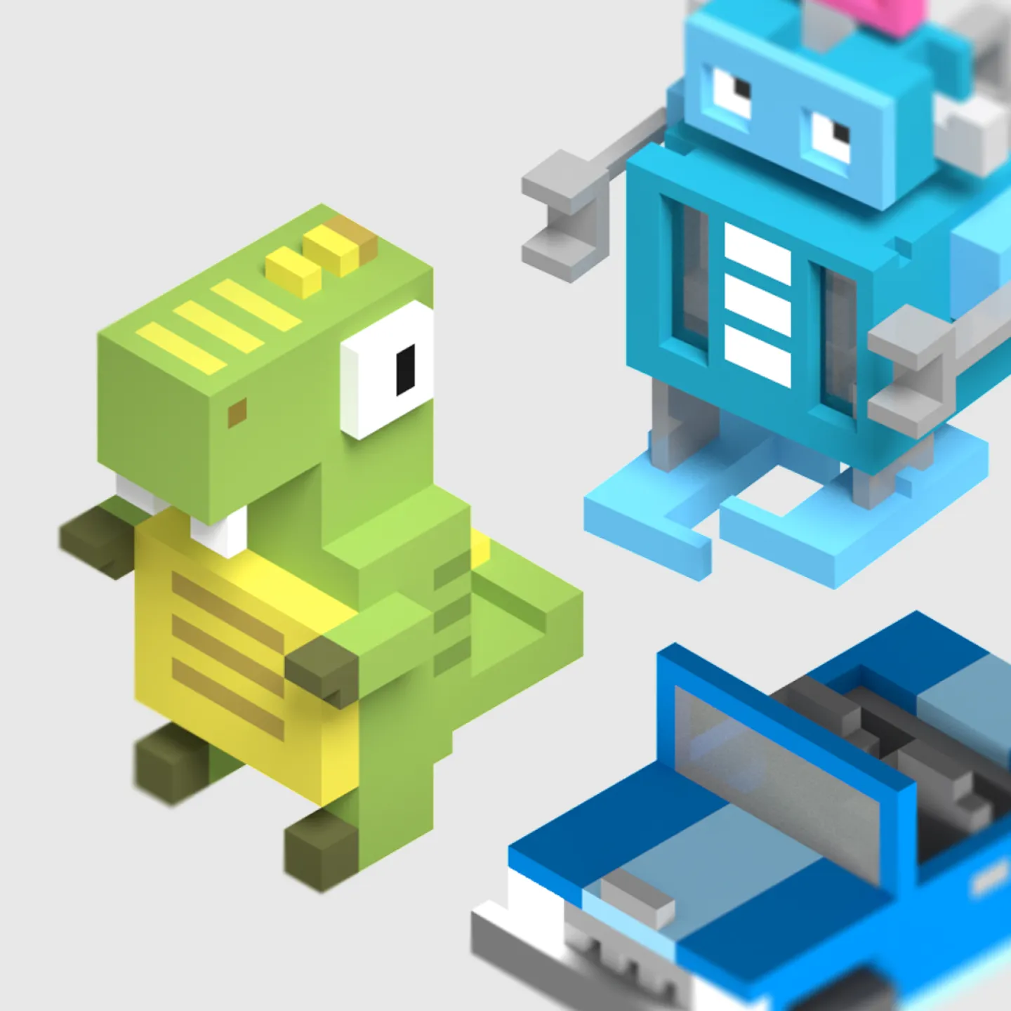 Isometric illustrations of a dinosaur, car, and robot