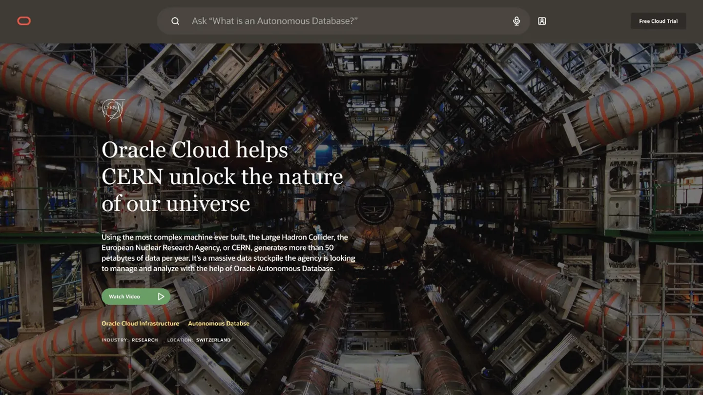 Image of a web page showing a photo of the CERN particle collider