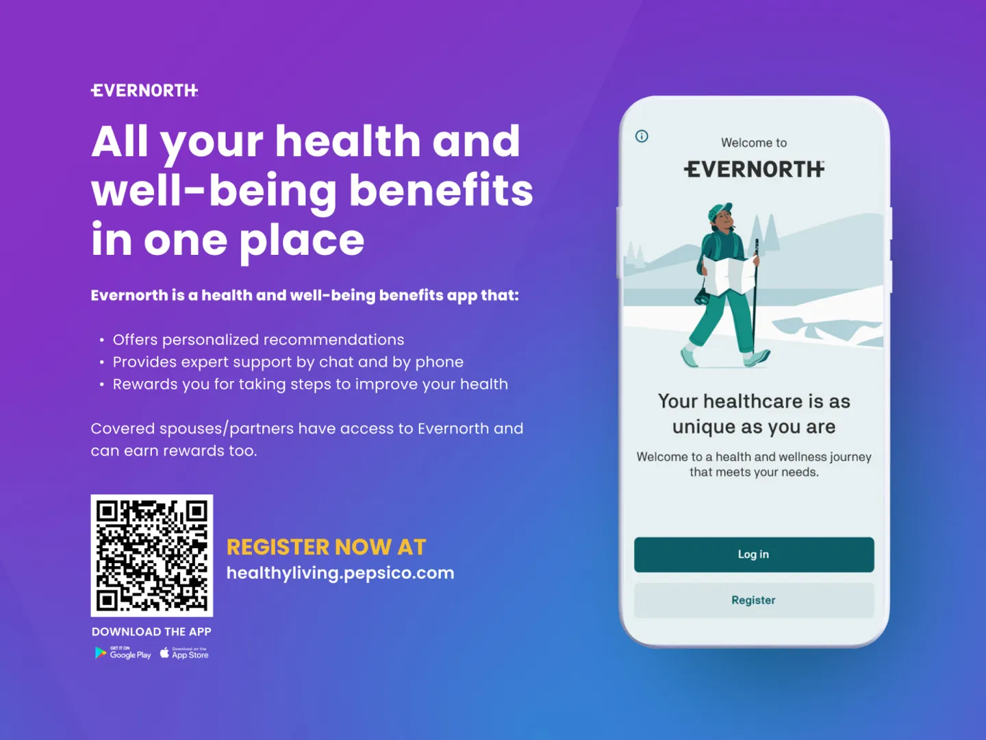 Screen capture from a landing page experience. The main copy reads "All your health and well-being benefits in one place". Juxtaposed with a screenshot from within the application being promoted.