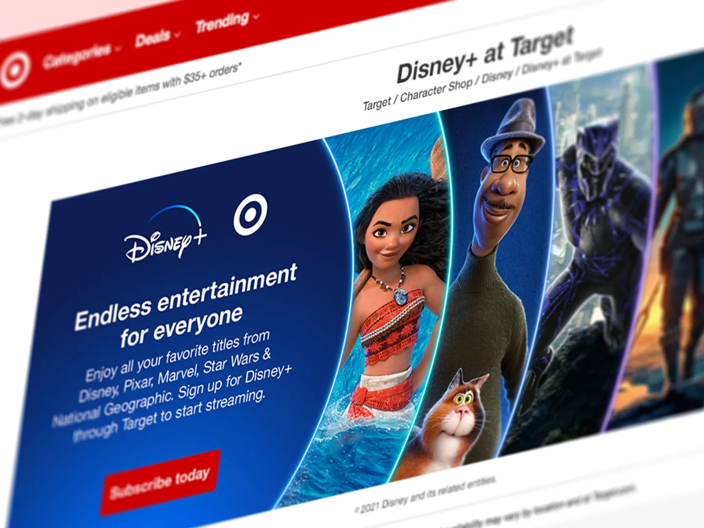 Close up of a web page design showing Target's partnership with Disney+