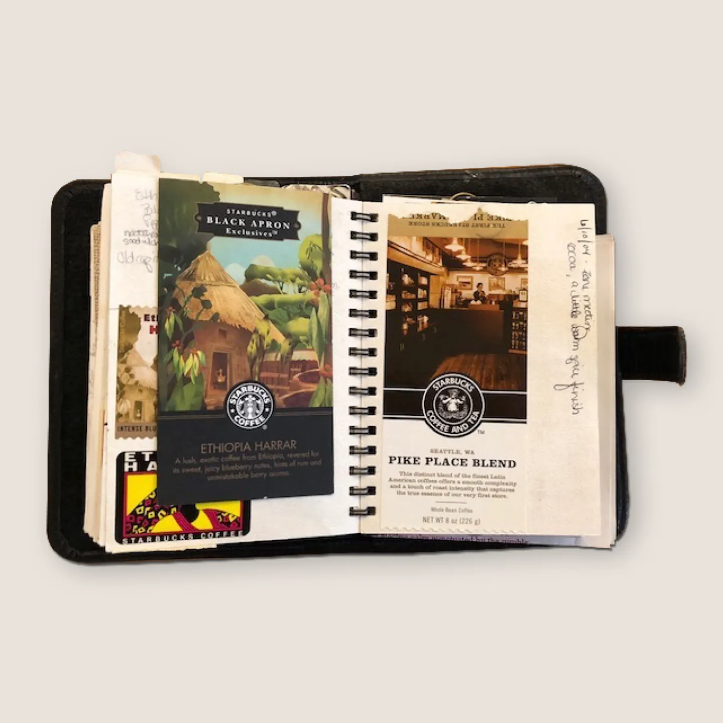Photo of a coffee journal with notes and packaging samples