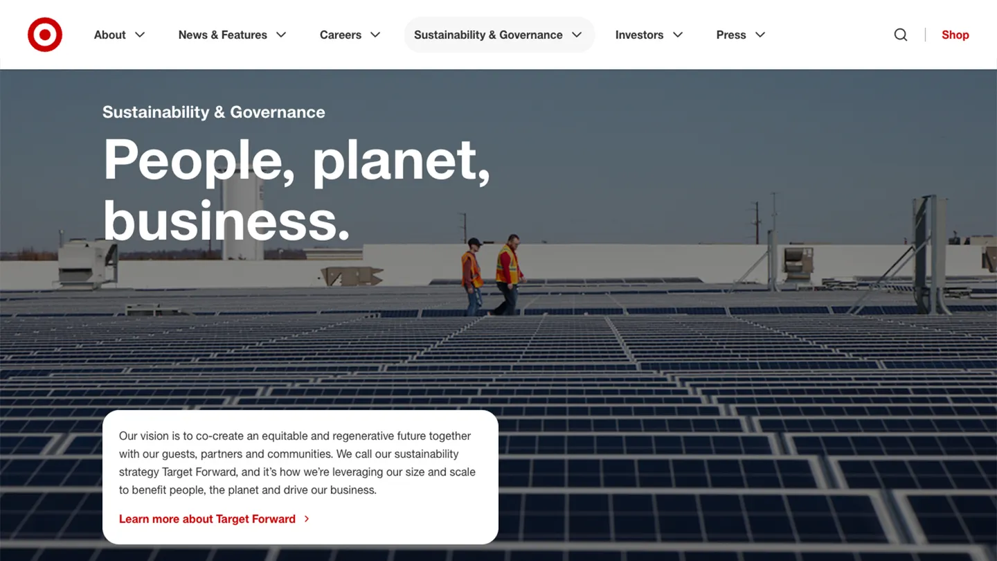 Web page design of the Sustainability and Governance page showing a photo of solar panels 