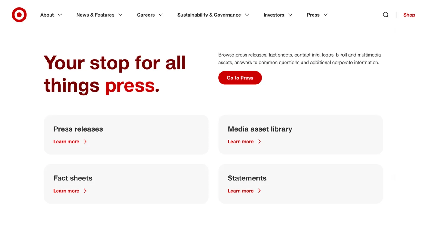 Web page design for the Press page, text and links on a white background