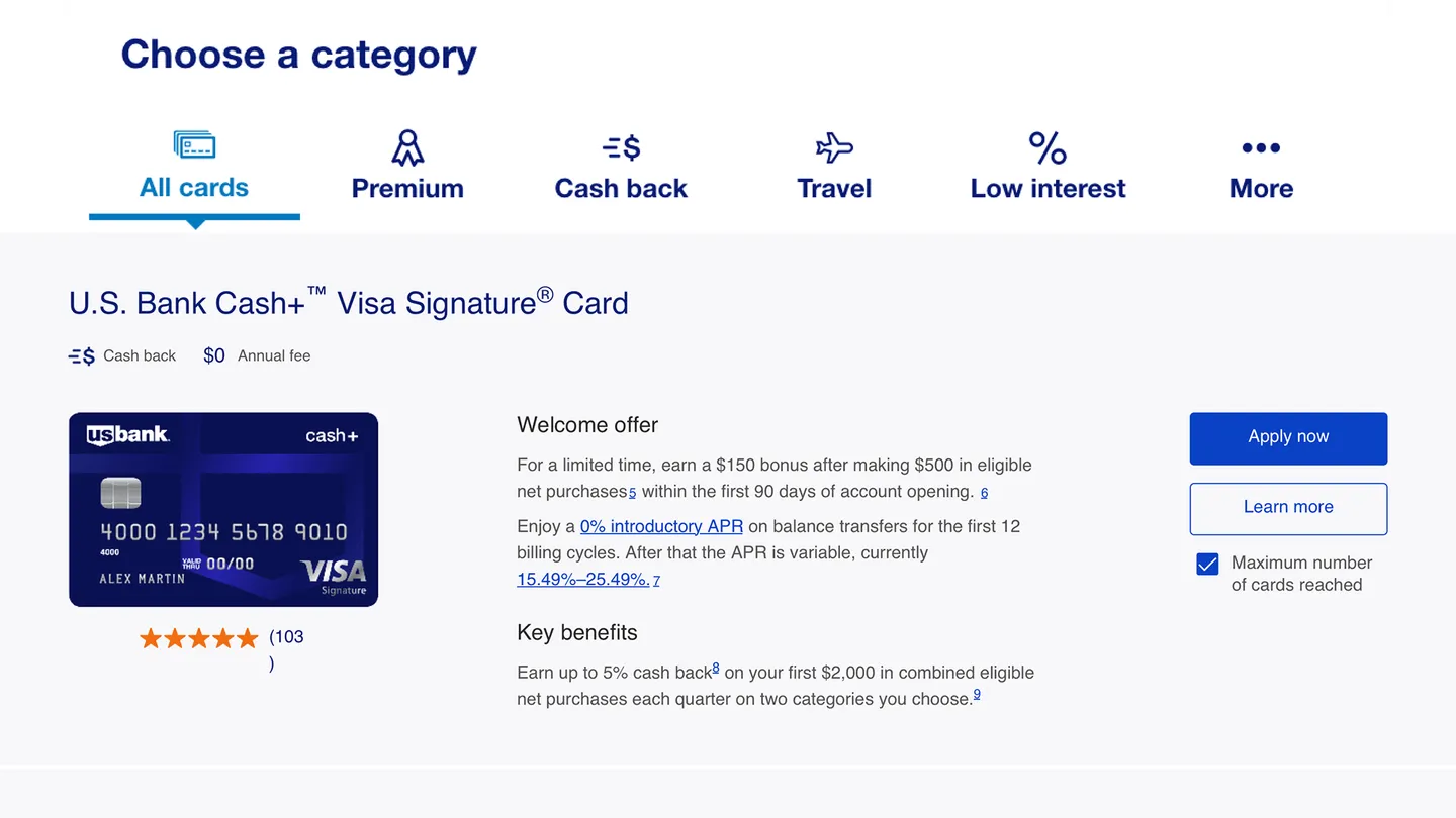 Web page design for the credit card comparison tool showing card details