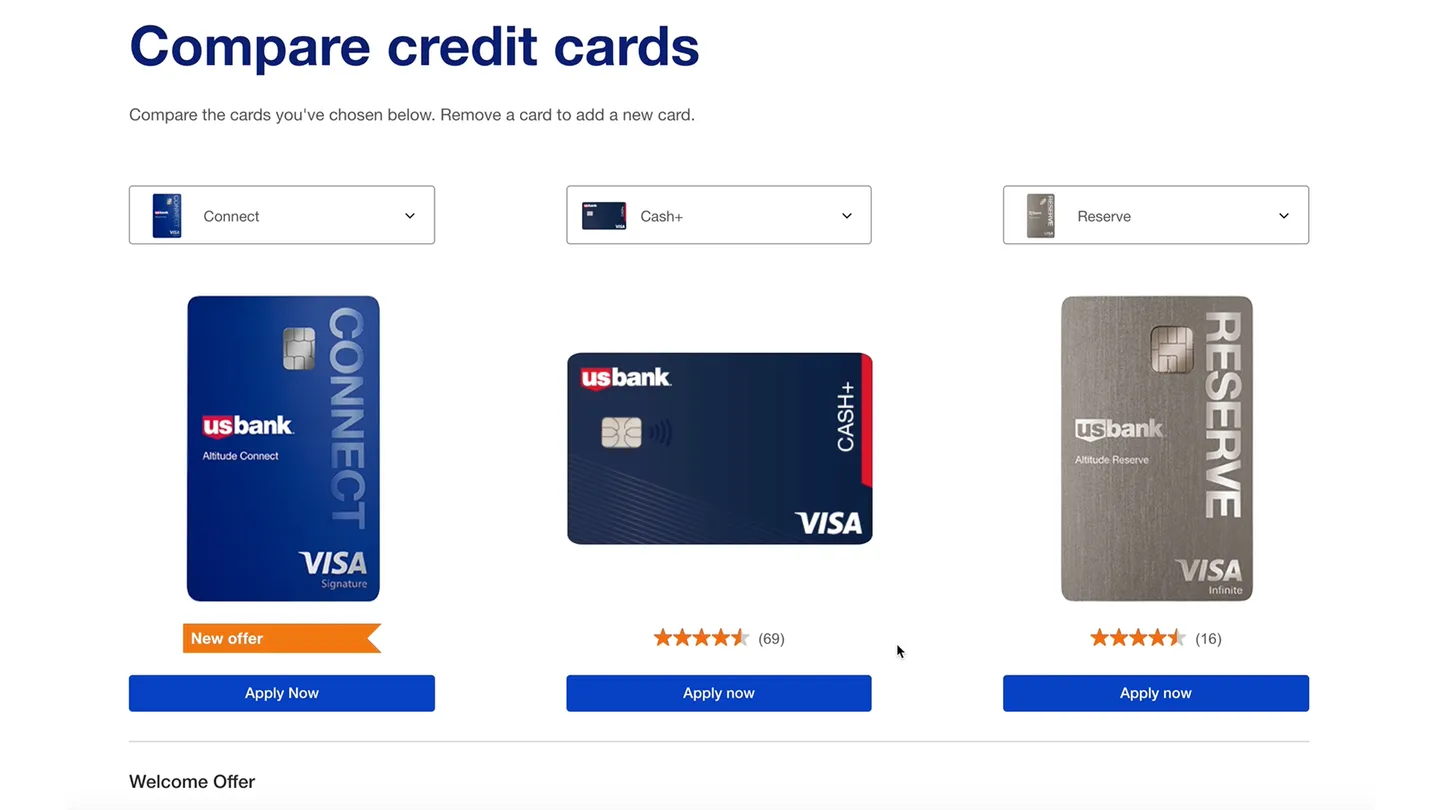 Web page design for the credit card comparison tool showing three cards