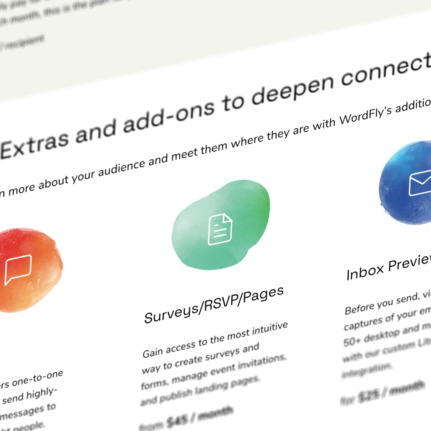 Close up image of WordFly web page focusing on features