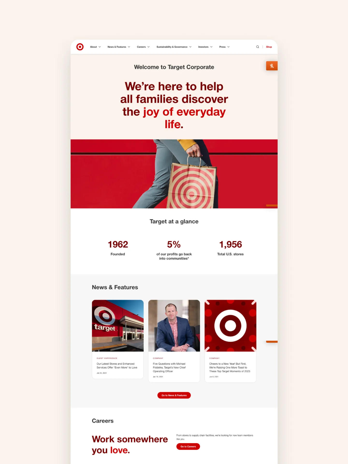 Web page design of the Target corporate website