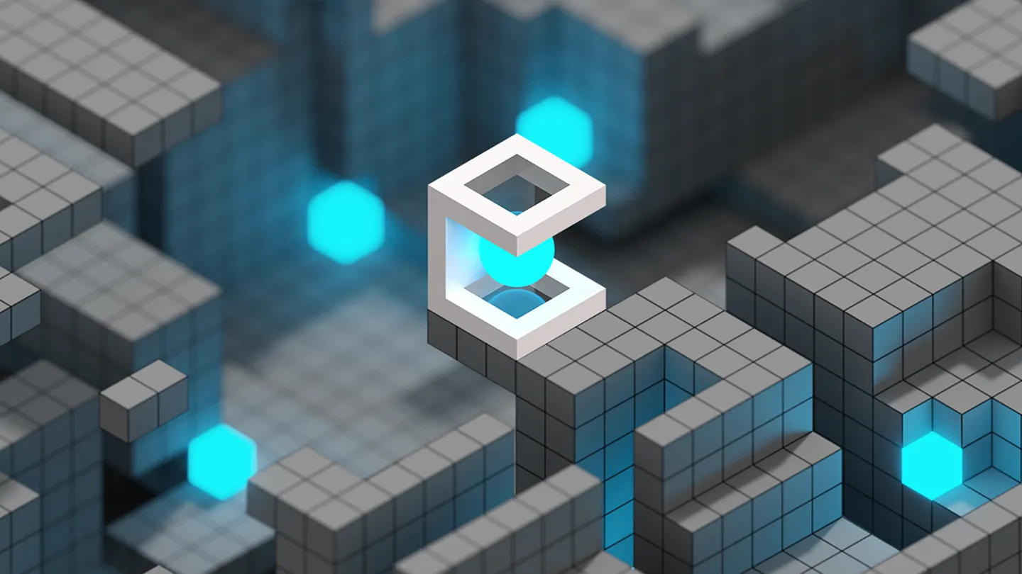 Dev Collective logo within a gray isometric environment