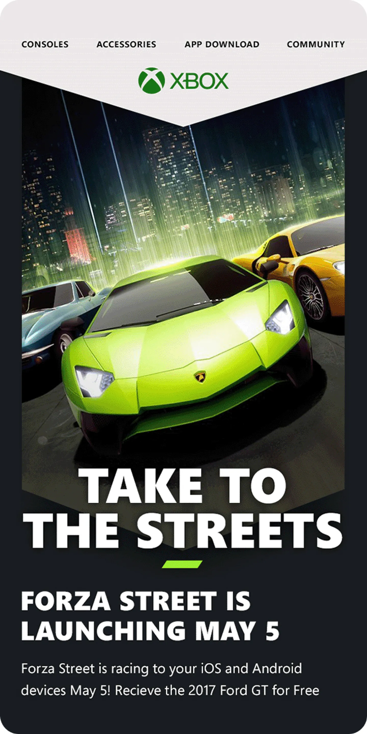 Mobile email featuring Forza art